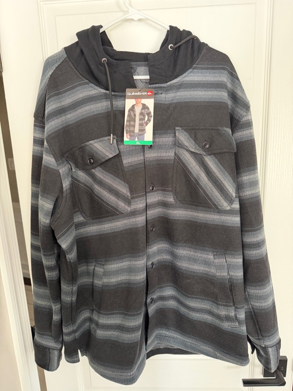 Quiksilver Striped Hooded Button-Up Jacket - Black & Gray